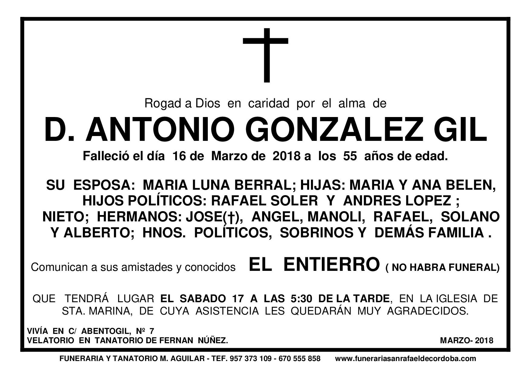 ANTONIO GONZALEZ GIL – Funeraria y Tanatorio San Rafael de Córdoba (Fernán  Núñez)