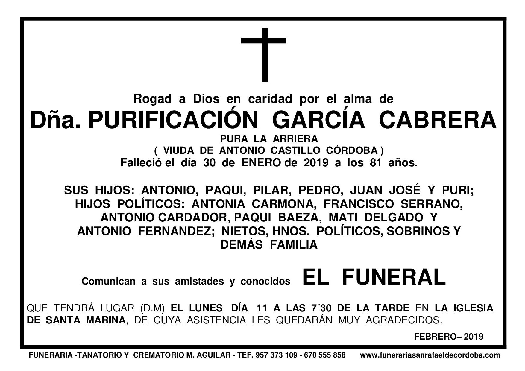 FUNERAL PURIFICACION CABRERA – Funeraria Tanatorio San Rafael de Córdoba (Fernán Núñez)